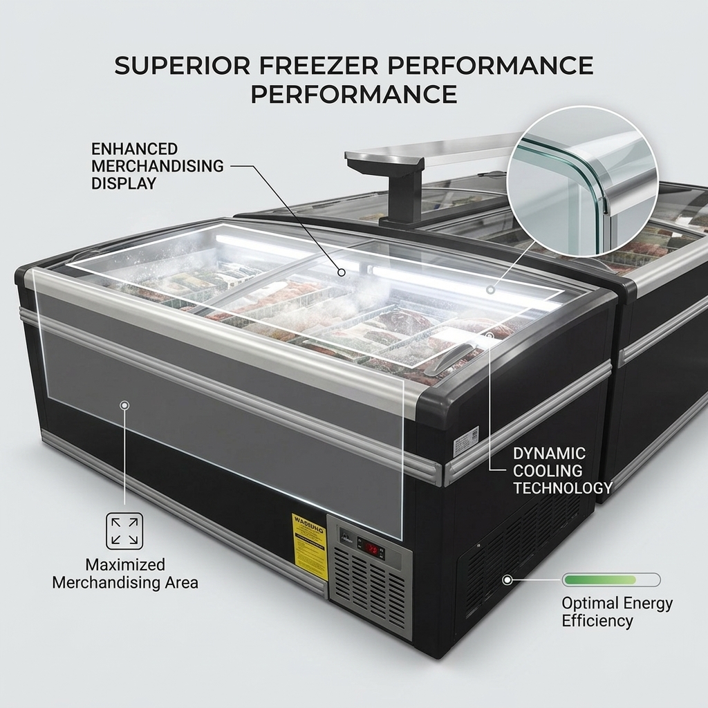Manual Defrost Island Freezer 700L Supermarket Refrigeration Equipment 340W With Glass Door
