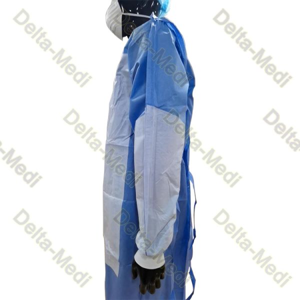 PP SMS Velcro Neck Knitted Cuff Disposable Surgical Gown Reinforced At Half Sleeves