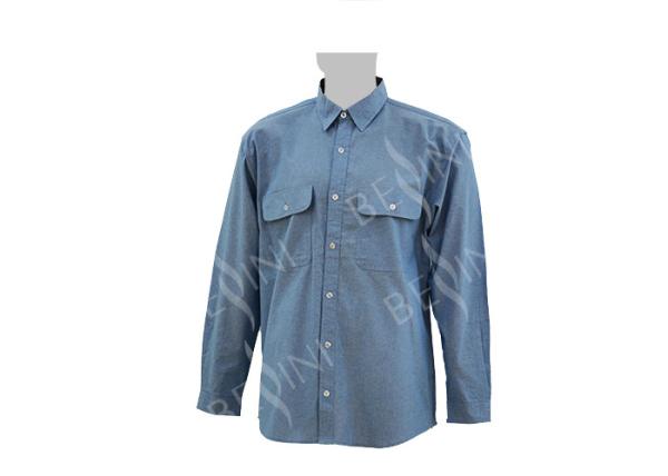 Men's 100%Cotton Chambray Blue Work Shirt Long Sleeve Chest Pockets Detailed Sleeve Band