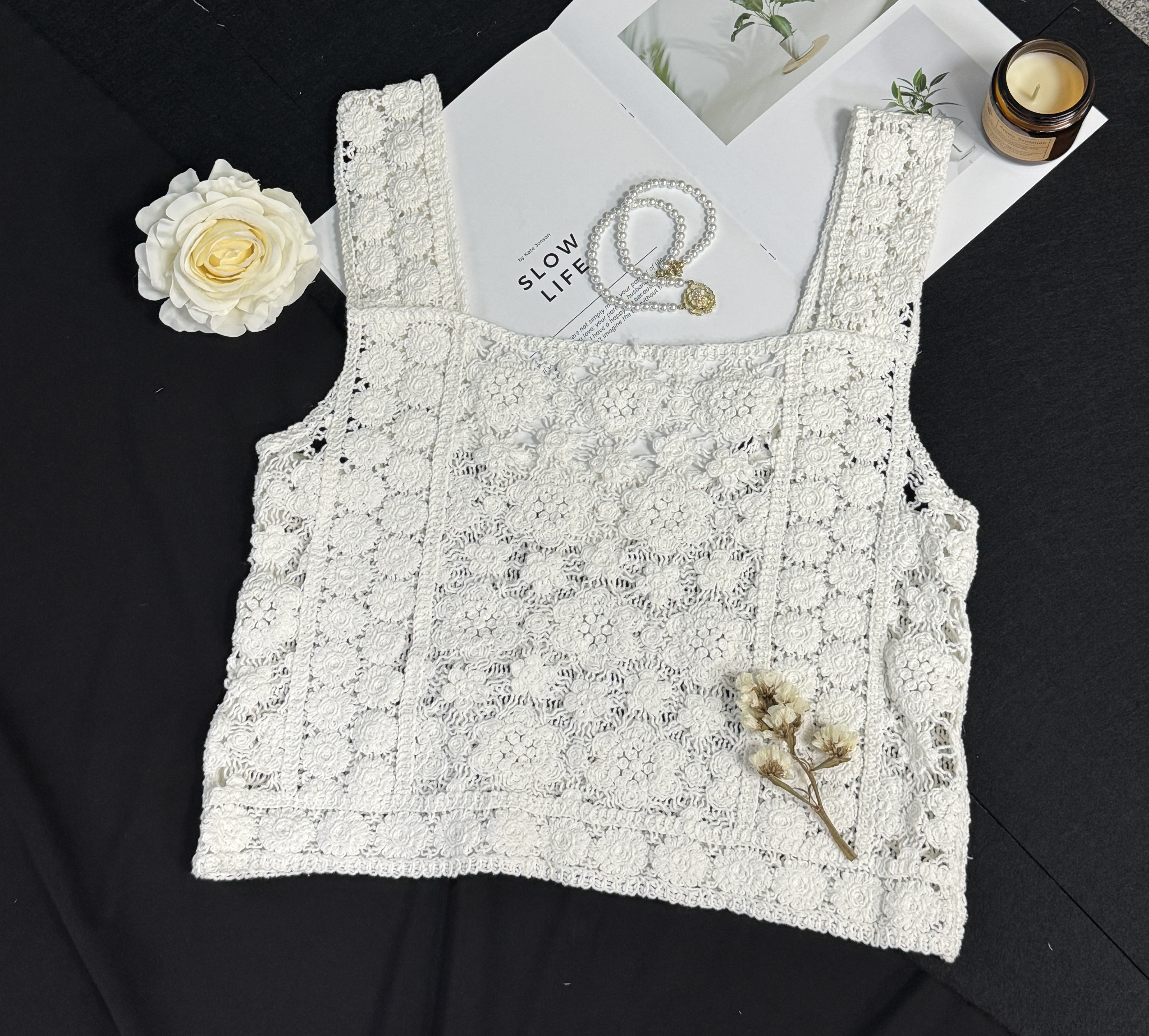 Bohemian lace knit vest retro hollow knit V-neck sleeveless camisole tank top