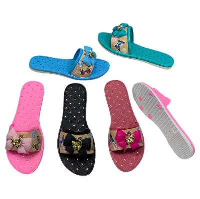 PVC Women Slides with Bow, Gold Bee Decoration and Butterfly Print