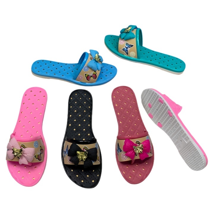 PVC Women Slides with Bow, Gold Bee Decoration and Butterfly Print