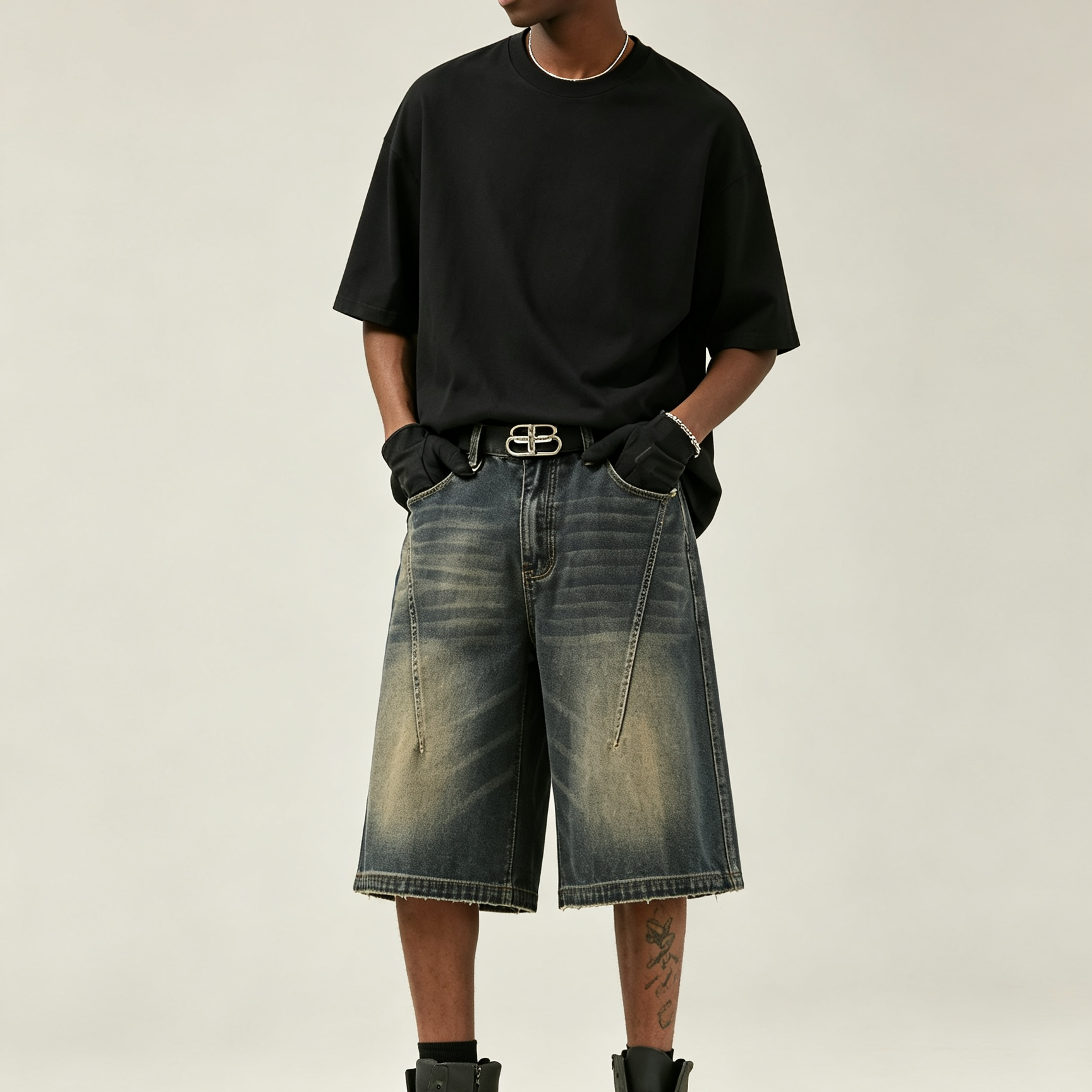 Gradient Washed Sports Sweat Shorts Non Stretch Wide Leg Denim Shorts Loose 2 Colors