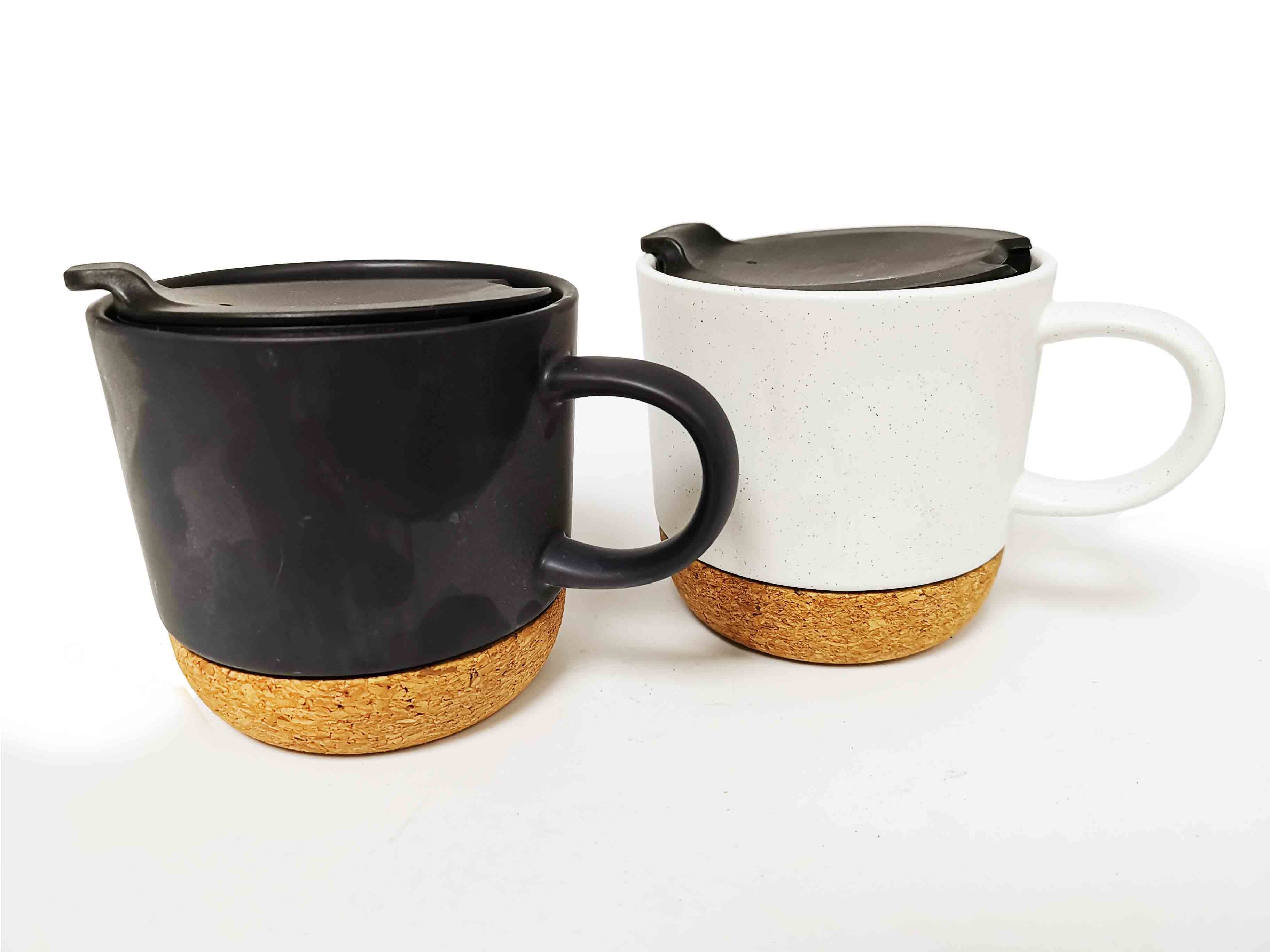 White Black Custom Cork Base Ceramic Mug BSCI FSC 3.3in Dia With Slide Lid