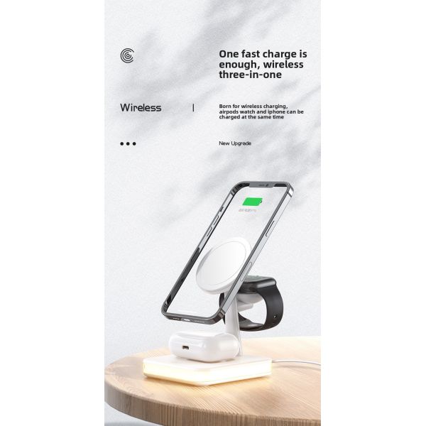 3 In 1 Magnetic Wireless Charger Stand With Holder Fast 15W Charge Mobile Phone Smart Watch Night Light Home Office
