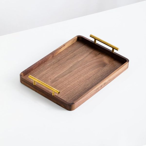 Rustic Brass Handles Walnut Wooden Coffee Table Serving Tray for Desserts Cakes Tea Cups Handmade