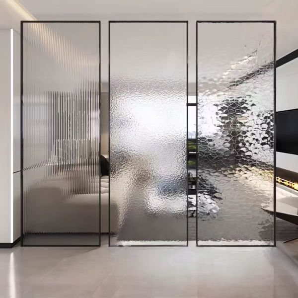 3D Three Dimensional Water Ripple Embossed Decorative Glass Bathroom Dry Wet Separation Sliding Door Custom