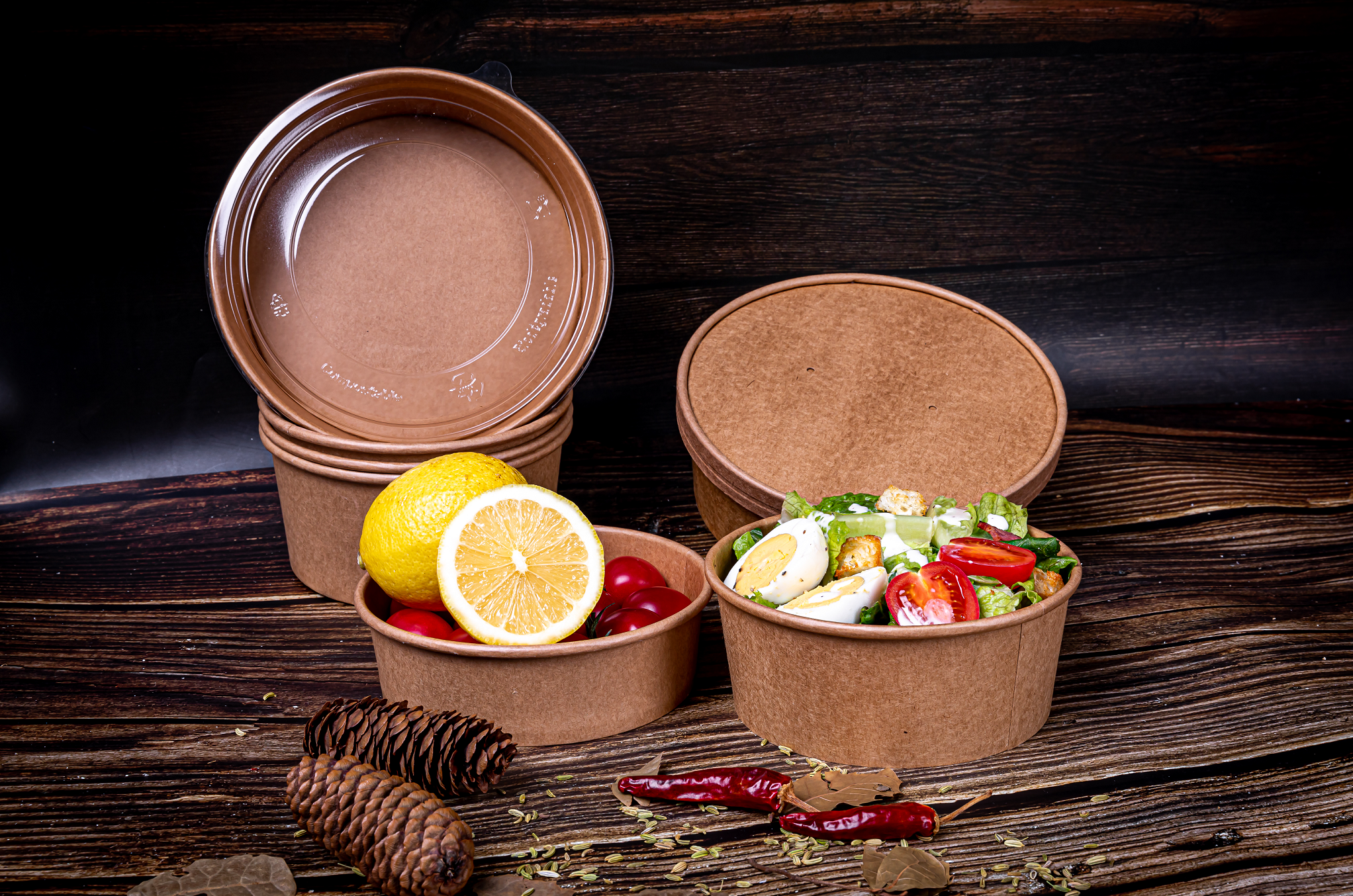 Kraft Paper Salad Bowl with PET/PP Lid in 500ml 750ml 1000ml 1100ml 1300ml Sizes for Fresh Food Packaging