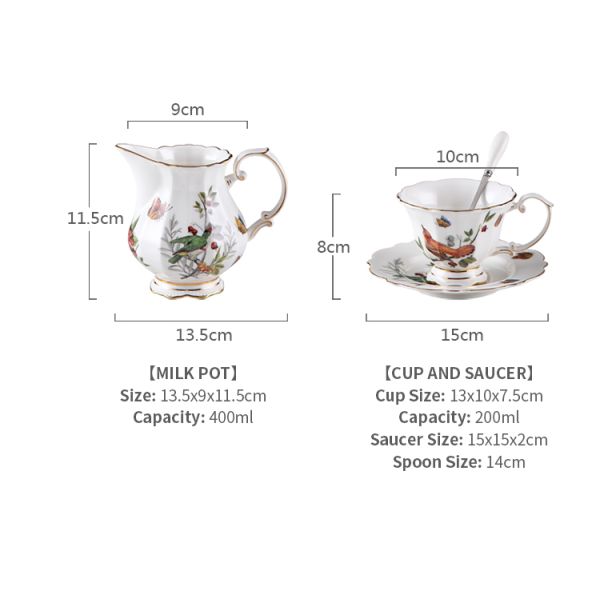 Floral 6.7oz Tea Cup 1400ml Teapot Bone China Coffee Serving Set