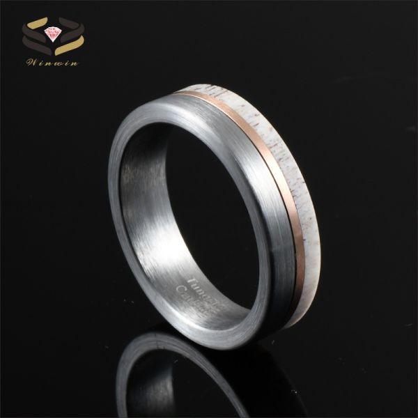 Jewelry 6mm Tungsten Band for Men Women Inlay Deer Antler Wedding Ring Other Diamond Shape and Pearl Type
