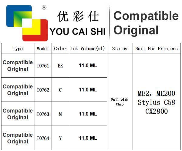 100% Brand New for epson T0761 T0762 T0763 T0764 Compatible Ink Cartridge For Epson Stylus C58/CX2800/ME2/200