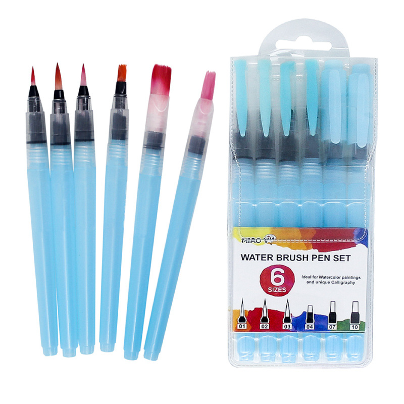 Wholesale 6pcs portable nylon hair watercolor empty brush OEM artist brush pens set for kids drawing