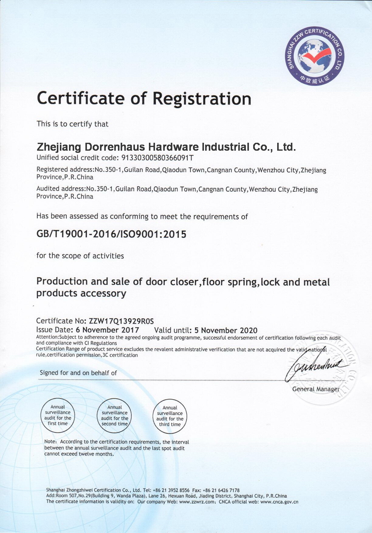 Zhejiang Dorrenhaus Hardware Industrial Co., Ltd. Сертификации