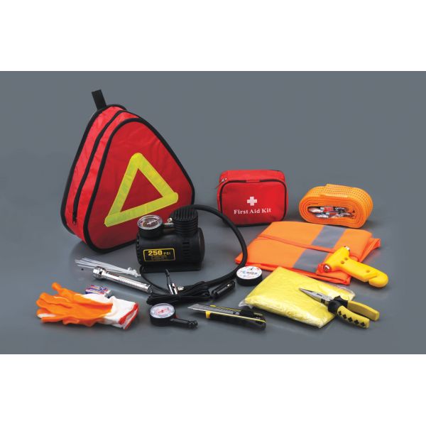 16 pcs auto emergency kit ,with air compressor ,trailer rope ,raincoat  ,gloves