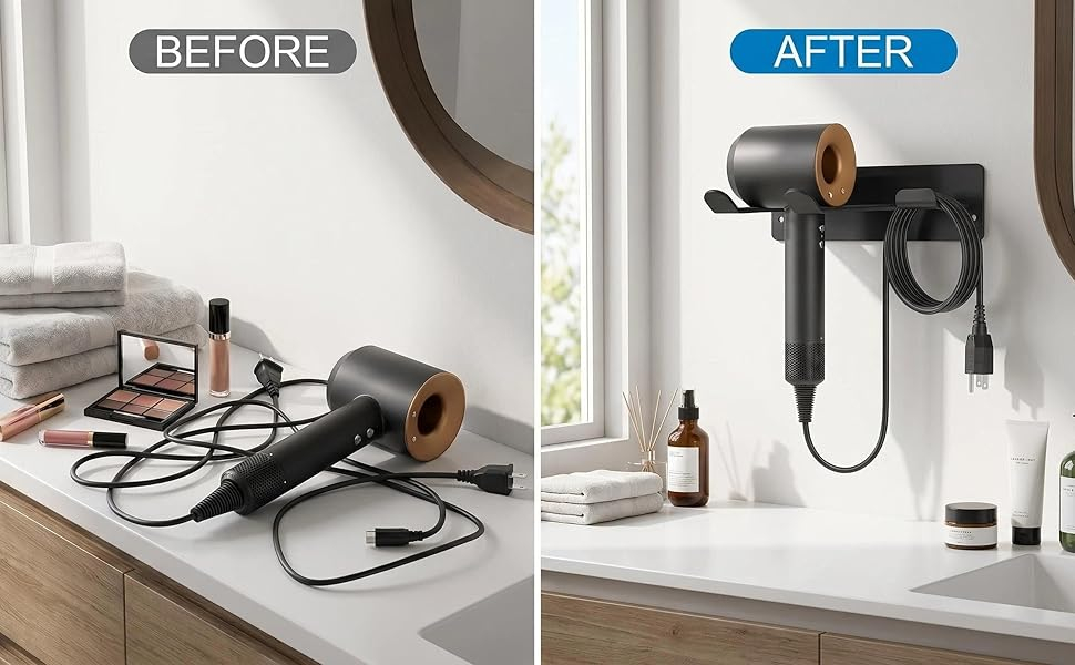 Hair Dryer Holder Wall Mount, Universal Hair Dryer Hanger for Bathroom/Bedroom/Barbershop, 304 Stainless Steel Organizer with 3M Adhesive, No Drilling Space Saver (Black)