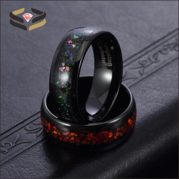 Men'S Domed Black Tungsten Carbide Wedding Band Ring 8mm With Galaxy Opal Inlay