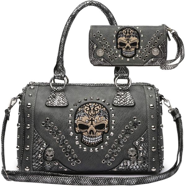 SUGAR SKULL DAY OF THE DEAD PUNK ART PURSE REMOVABLE STRAP WOMEN SATCHEL HANDBAG SHOULDER BAG WALLET SET