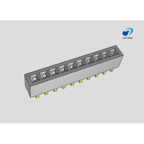 Female header, PCB Mount Receptacle, right angle, Board-to-Board, 10 Position, 1.27mm Pitch, single row, Gold Flash, SMT