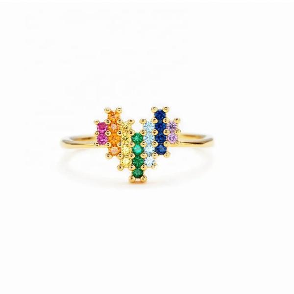 Wedding Engagement Ring in 18K Gold with Cute Heart Shape Design and Rainbow