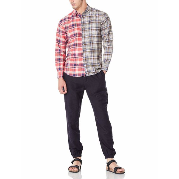 Checked Buttoned Cuffs Mens Casual Linen Shirts Long Sleeve Fast Dry