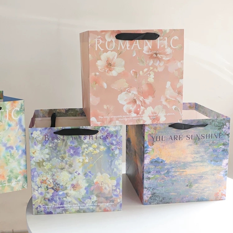 Oil Painting Style Floral Paper Gift Bags With Ribbon Handles For Retail