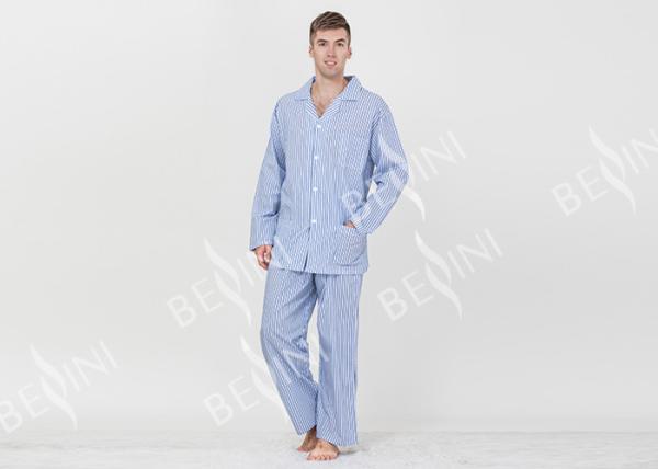 Blue Striped Style Mens Luxury Sleepwear / Mens Long Sleeve Pjs Fashion Design