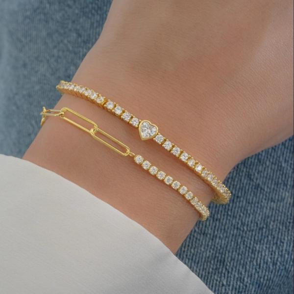Bracelet de tennis en forme de cœur plaqué or 14 carats et argent sterling 925 avec zircon