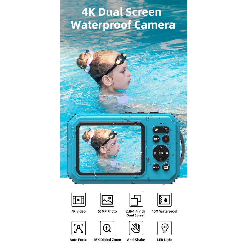 Vintage 4K 56MP Waterproof Digital Camera Dual Screen Anti Shake 16X Zoom LED Light for Swimming and Diving