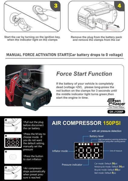 3000A Peak Portable Mini Car Jump Starter avec une capacité de 20000mAh et une lampe de poche LED