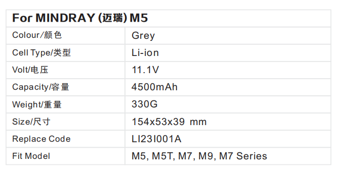 Ultrasound Battery For Mindray M5,M5T, M7, M9, M7 Series, LI23I001A