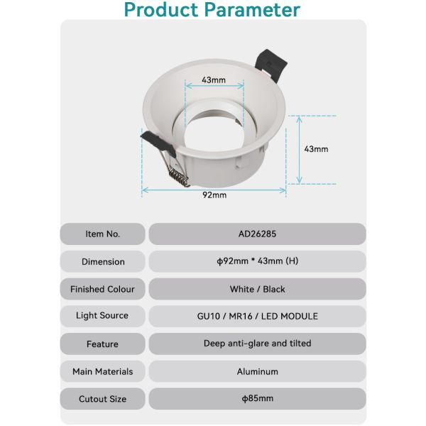 Commercial Adjustable Anti-Glare GU10 Recessed Spotlight Downlight Frame