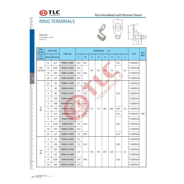 Copper Non Insulated Ring Terminals 105°C Temperature Rating Closed Barrel Type 4-38mm2 90D