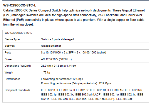 Original Cisco WS-C2960CX-8TC-L 8 Port 10/100/1000Mbps Stackable Smart Network Switch