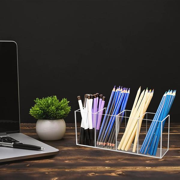 Acrylic Pen Holder 4 Compartments Clear Pencil Holder Organizer Makeup Brush Holder
