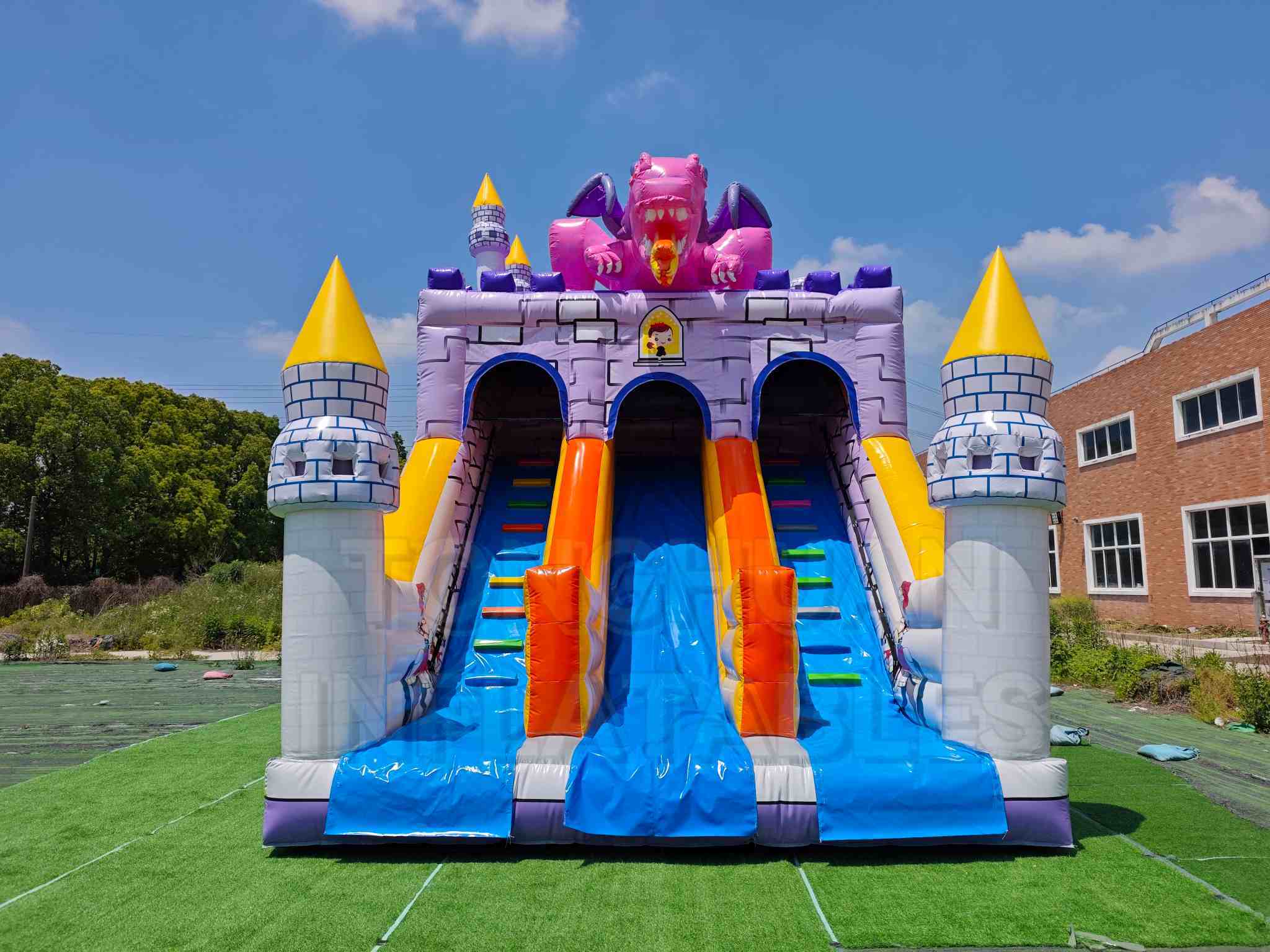 Custom Dragon Castle Inflatable Slide with Dual Lanes Climbing Wall and Tower Design for Kids Party Rental School Carnival and Outdoor Event Projects
