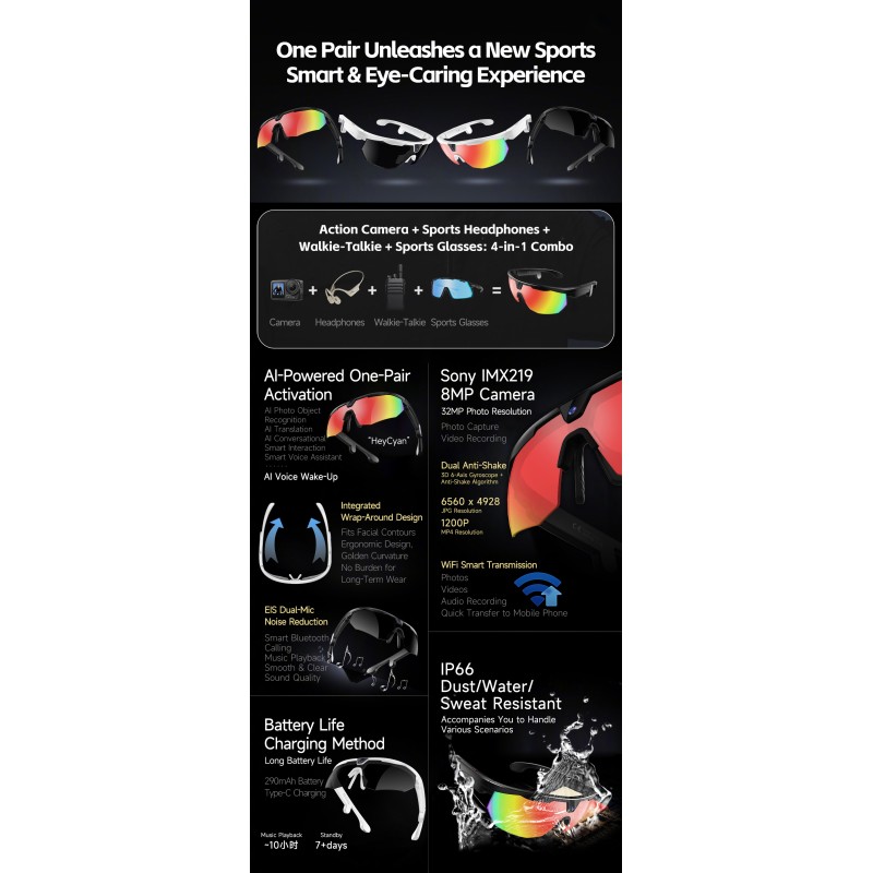 W640 AI Smart Glasses for Cycling Running & Driving-1080P Camera Voice & App Control IP66 Waterproof Magnetic Charging