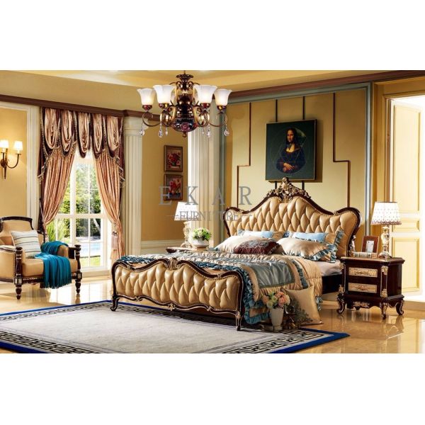 Black painting and gold leaf Solid Wood King Size Royal Wooden Design Leather Bed