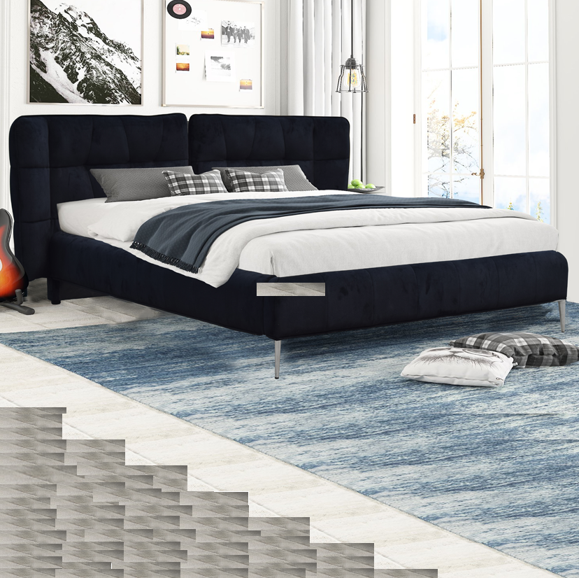 Velvet Fabric Upholstered Plywood Bed Frame With Big Headboard / Wings