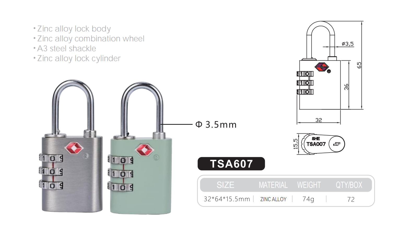 Rarlux Anti-Theft Tsa Padlock 3 Digital Password Wheel Luggage Bag Lock Zinc Alloy Body A3 Steel Shackle Combination Padlock