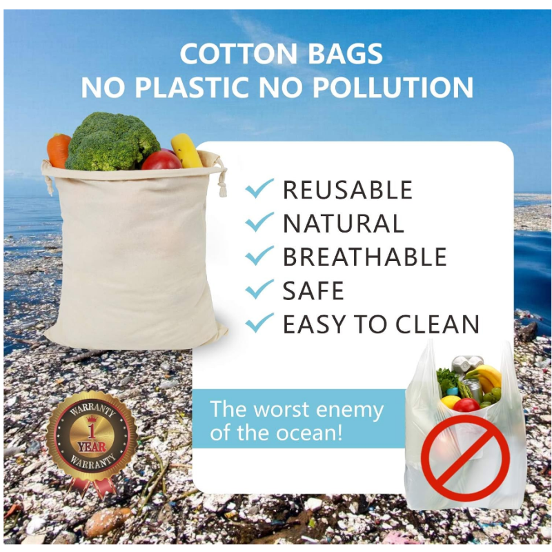 Shopping Storage Washable Biodegradable Food Safe 100% Natural Cotton Muslin Bags Bulk