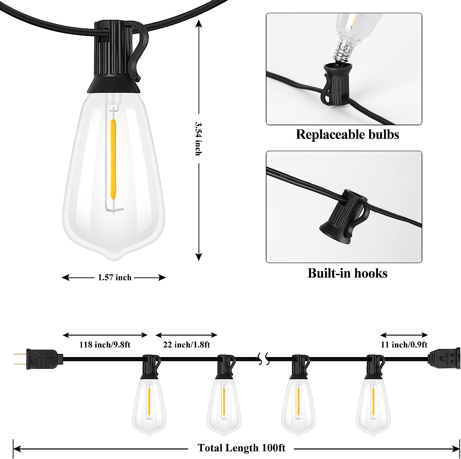 LED Outdoor 100FT 52 Shatterproof ST38 Винтажные лампочки Эдисона
