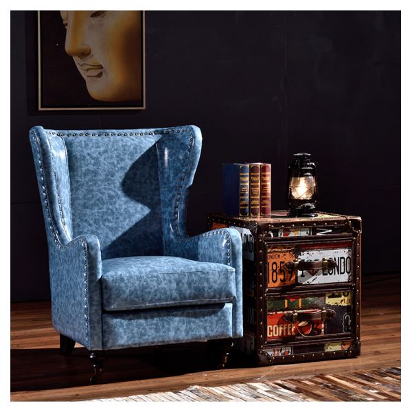 Nidea #8881 Traditional Design Handmade Genuine Leather Upholstered High Back Wing Chair with Wooden Frame for Bedroom Coffee Shop Hotel