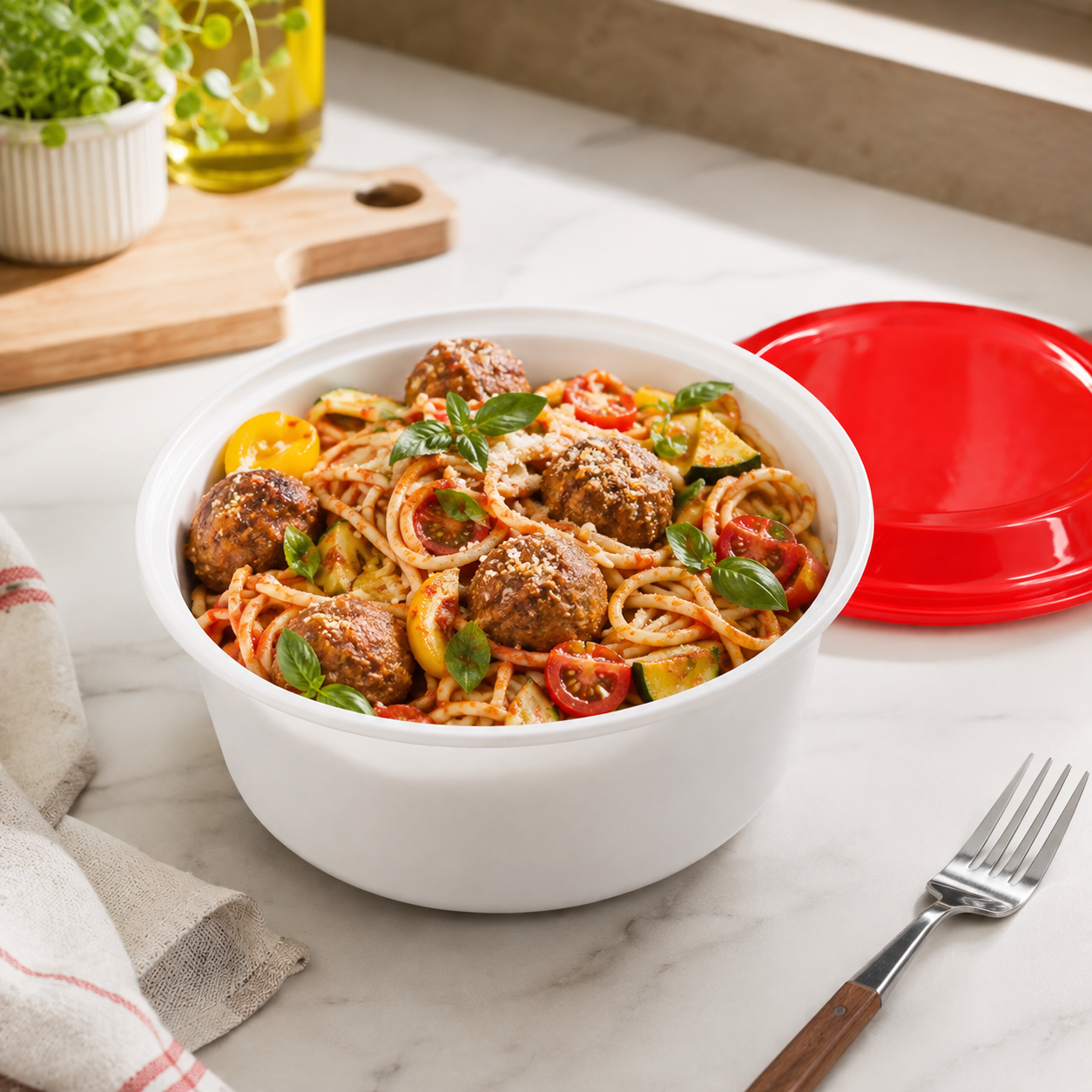 Family Takeaway PP Disposable Soup Bowls White Round 1258ml with Red Lids