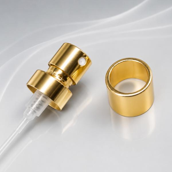 Luxury Aluminum Perfume Spray Pump with 21mm Gold Decorative Cap for Premium Fragrance Packaging