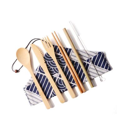 Eco Friendly Kitchen Flatware Sets Natural 7PCS Reusable Bamboo Cutlery Set With Bag