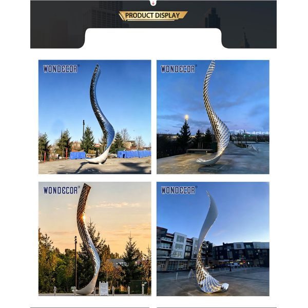 Large outdoor stainless steel lighting sculpture with curved shape