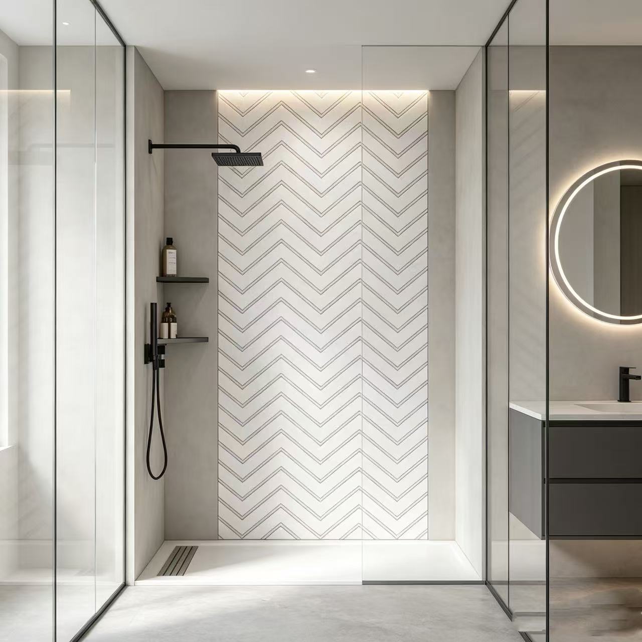 Chevron Decorative Solid Surface Shower Wall Panel Bathtub Surround