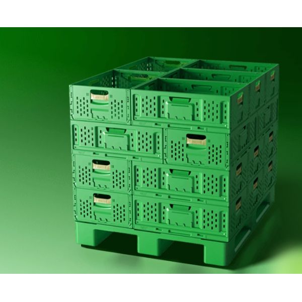 Зелёные тяжеловесные транспортные пластиковые ящики для хранения на складах и в супермаркетах