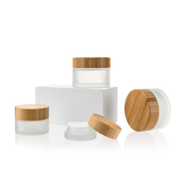 Recyclable 30g-100g White Glass Cosmetic Jar With Bamboo Lid Round