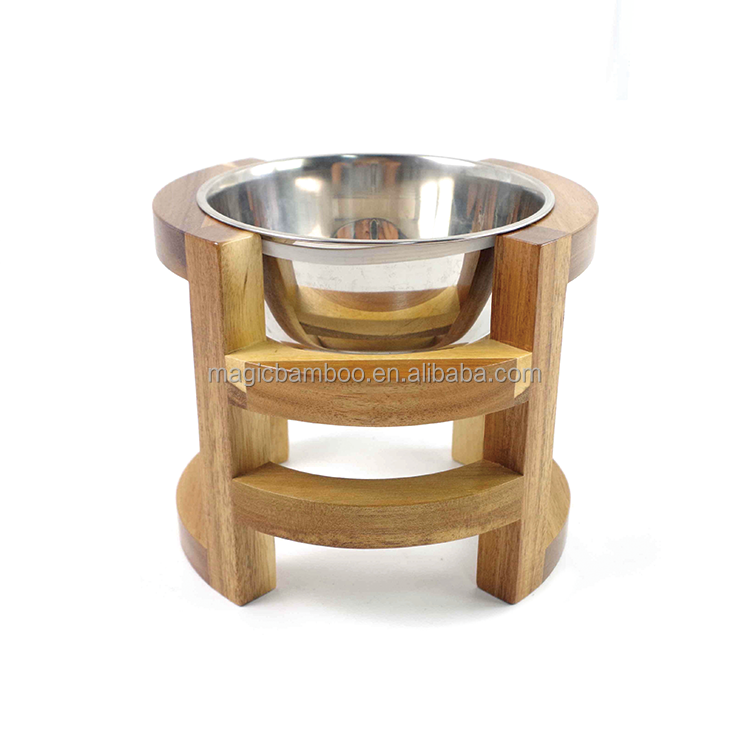 Make Pet Eat Elevated Bamboo Wooden Pet Food Feeder With Stainless Steel Bowls Single Tier